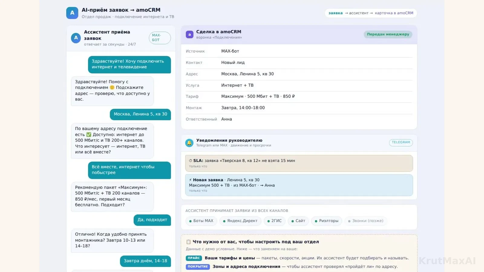 Монтаж записан на завтра 14:00-18:00, ответственный назначен, руководителю ушло уведомление «Новая заявка»