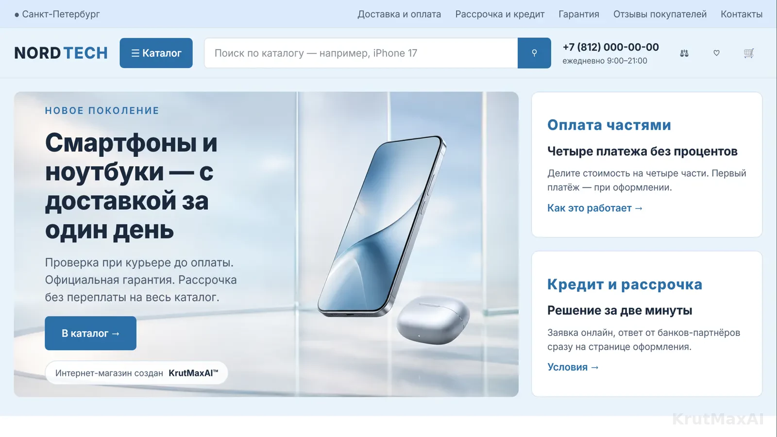 Первый экран: «Смартфоны и ноутбуки - с доставкой за один день», поиск по каталогу, телефон и режим работы; справа - «Оплата частями» и «Кредит и рассрочка»